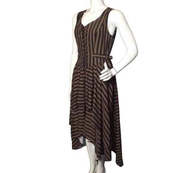 new SCARLET DARKNESS Dress, 10, Brown/Black Stripes, Hi-Low Skirt, Lace/Buckles - Picture 4 of 14
